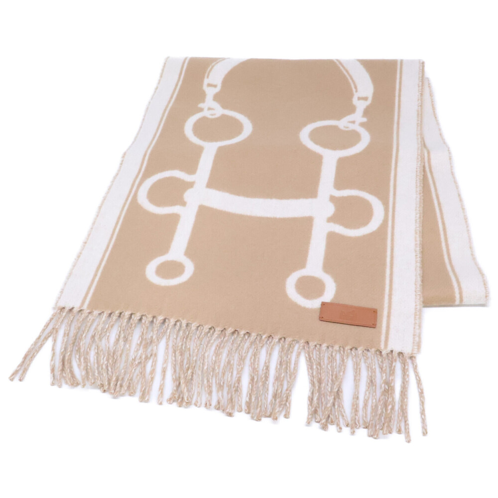 HERMES Hermes Mall Equestrian Pattern Cashmere Stole Scarf Camel Ivoire Women's